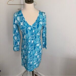 Lilly Pulitzer Small Juliet What A Racket Blue Fish 3/4 Sleeve V Neck Dress